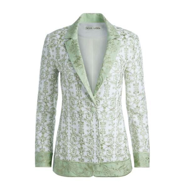 Alice + Olivia Macey Embroidered Cotton Linen Blazer Republic Geo Green Size 2 - Picture 3 of 16